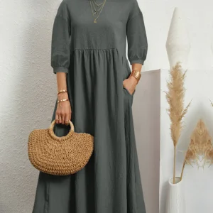 Dames Midi Jurk met Halflange Mouwen en Zakken