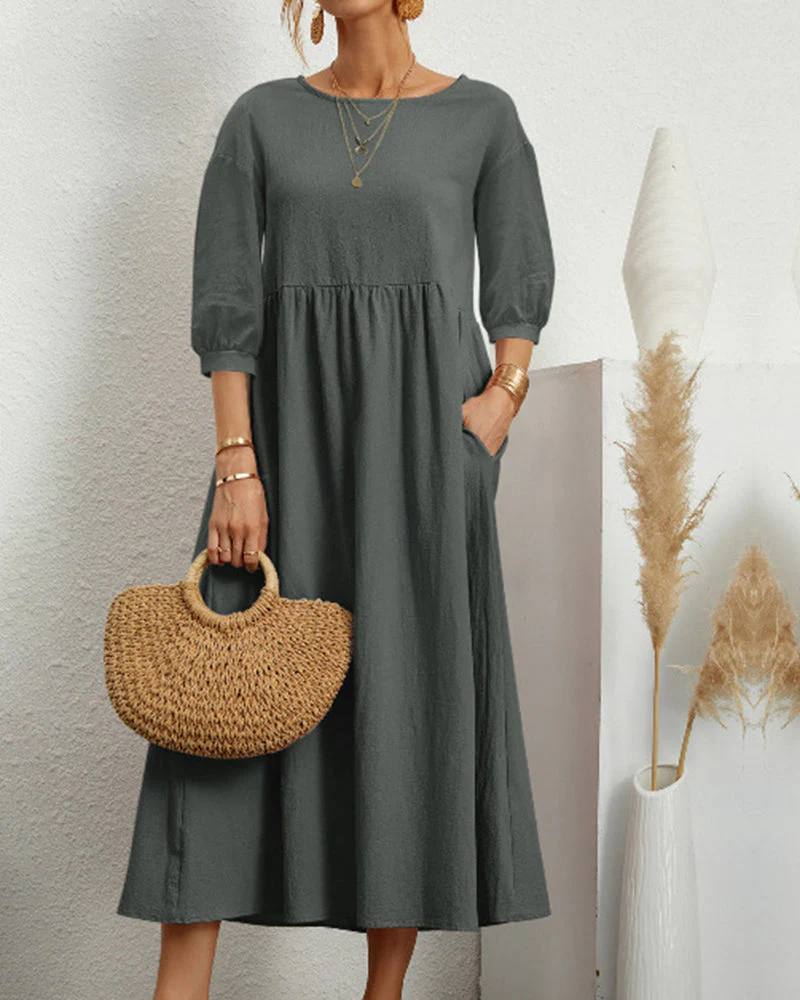 Dames Midi Jurk met Halflange Mouwen en Zakken