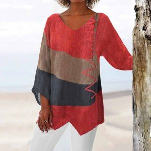 Losse Gestreepte V-hals Linnen Blouse voor Dames