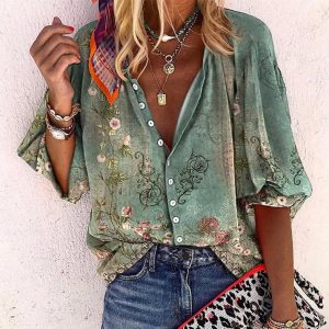 Dames Zomer Printed Blouse met Knoopsluiting en Halflange Mouwen